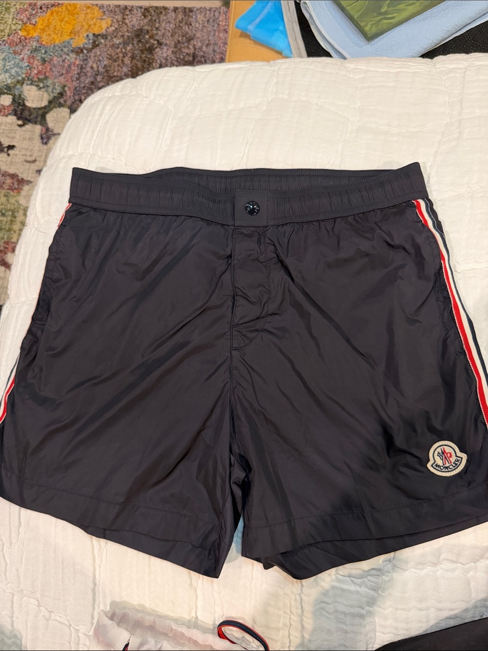 Moncler Navy Swim Trunks with Red & White Side Stripes